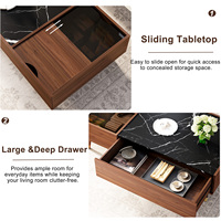 Table basse rectangulaire en bois noir avec plateau en faux marbre noyer, couvercle coulissant, tiroir de rangement et pieds réglables pour salon - Vente en gros