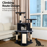 Arbre à chat avec rampe douce à marches basses de 102 cm, griffoir en sisal naturel, maisonnette douillette et large perchoir en peluche pour chats d'intérieur
