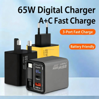 Chargeur rapide GaN 65W USB C USB A double port avec affichage numérique, adaptateur secteur pour iPhone, téléphone portable Android, adaptateur mural