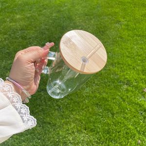 Nuevo Vaso de Vidrio Transparente Esmerilado de 32oz/40oz con Tapa de Madera, Personalizable con Logotipo, para Sublimación, con Asa y Pajita, para Agua o Café - Product Image 4