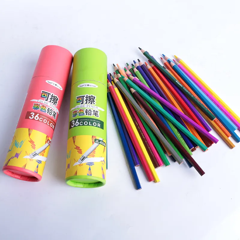 Crayons de couleur personnalisés, effaçables, 12 24 36 couleurs, avec ensemble d'gommes et tubes en papier, nouveautés produits