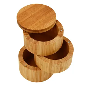 Youlike Totally Bamboo Salt Cellar Bamboo Storage Box,3 Tiers, Salt Cellar And Storage Box with Magnetic Swivel Lid