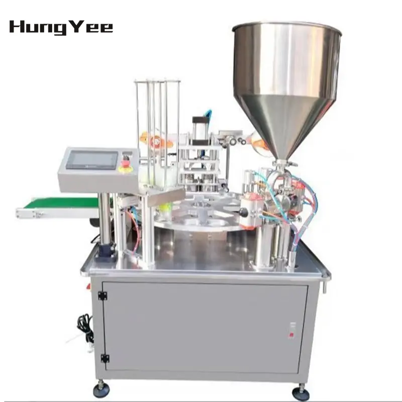 Hongyi meilleure vente, Machine de remplissage et de scellage de tasse de yaourt rotative automatique, emballage de bouchage de feuille alimentaire liquide