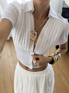 <span class=keywords><strong>Blusa</strong></span> Corta Elegante <span class=keywords><strong>Blanca</strong></span> para Mujer, Mezcla de Lino, Manga Corta <span class=keywords><strong>Abullonada</strong></span>, Cuello en V Profundo, Plisada al Frente, con Botones, para Uso Diario Informal - Product Image 4