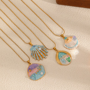 สร้อยคอจี้เปลือกหอยสแตนเลสพร้อมดีไซน์ภาพวาดสีน้ำมันเลียนแบบธีมมหาสมุทรสำหรับผู้หญิง ของขวัญเครื่องประดับ สร้อยคอคล้องไหปลาร้า - Product Image 2