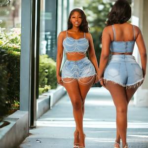 Großhandel Kleidung Sommer Pearl Crop Tank Top 2-teiliges Set Mode Strass zweiteilige Jeans shorts Sets Frauen - Product Image 2