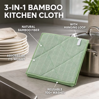 Chiffon de nettoyage de cuisine 3-en-1 en bambou 20x25cm, ultra absorbant, séchage rapide, réutilisable, résistant à la chaleur, torchon avec boucle de suspension