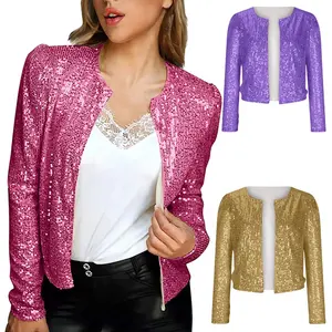 Chaqueta corta con lentejuelas para mujer, rebeca con diseños brillantes y brillantes, color negro y rosa