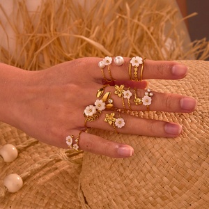 Delicate Flower Pearl Stainless Steel <b>Open</b> <b>Ring</b> 18K Gold Plated Stylish Fashion <b>Rings</b> - Product Image 1