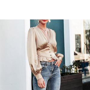 Personnalisé Femmes Tunique Chemise sexy V Cou Lanterne Manches volants Lâche Dames Blouse Tops - Product Image 4