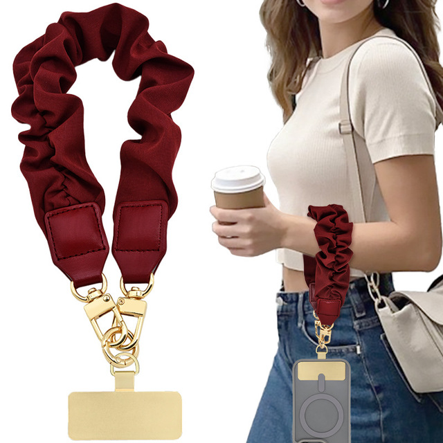 Ruched Scrunchie Keychain with Universal Metal Phone Tether Tab Retractable Phone Charm Strap Double Button Purse Wrist Lanyard