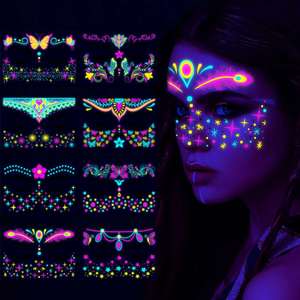 Pegatinas Fluorescentes de Tatuajes Faciales de Halloween con Diseño de Esqueleto, Pegatinas Decorativas de Neón para el Cuerpo - Product Image 1