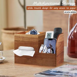 Boîte de rangement de bureau en bois d'acacia avec porte-mouchoirs, support pour téléphone, organisateur pour bureau, support en bois multifonctionnel - Product Image 5