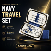Ensemble de manucure 7 pièces en acier au carbone avec étui de voyage bleu marine à fermeture éclair dorée et design compact pliable