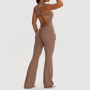 New Women's Sleeveless Yoga Romper Sexy Open Back Flare Leg Pocketed Tummy <b>Control</b> Nylon/Spandex Four-Way Stretch Quick Dry - Product Image 1