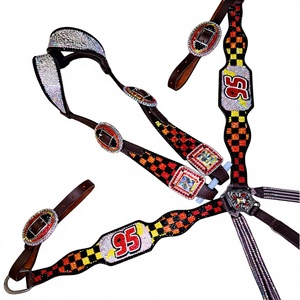 Harnais de selle western personnalisable en cuir véritable souple et naturel, orné de strass bleus, durable - Product Image 1