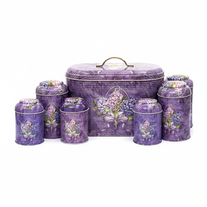 Kontensan 7 Pcs Round Tin <b>Box</b> Kitchen Set <b>with</b> Dome <b>Lid</b> and Purple Flower Design - Product Image 2