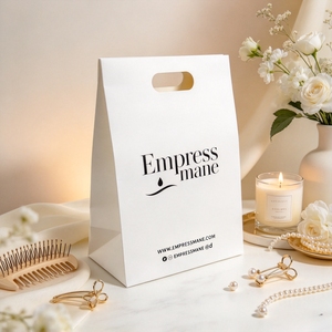 White Die Cut Handle Paper Shopping Bag, Custom Printed Punch Hole Handle Paper Gift Bag For Hair Brand Packaging - Product Image 1