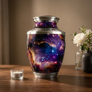 Urna de Latón Hecha a Mano Estilo Art Deco con Acabado de Terciopelo Grabado, Diseño Noche Estrellada, Forma Cilíndrica - 220 Pulgadas Cúbicas - Product Image 4