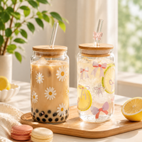 Gobelets en verre borosilicate modernes personnalisables avec logo, 16oz et 18oz, avec couvercles en bambou et pailles, transparents, pour café glacé, bière et thé