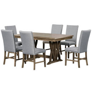 Table extensible au design simple et luxueux, en bois massif, avec 6 chaises rembourrées - Product Image 1