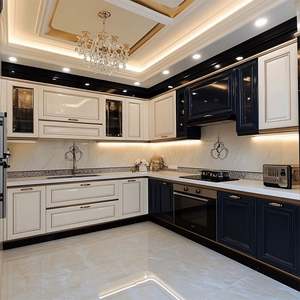 Ensemble de cuisine intégrée de luxe, cadre en bois massif, plan de travail en quartz, design moderne personnalisé, éclairage LED, panneau en mélamine inoxydable - Product Image 6