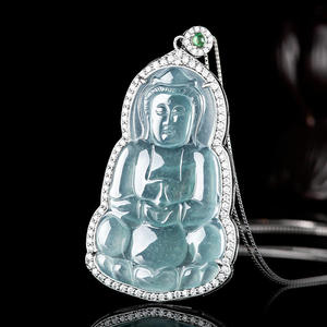หยกธรรมชาติหยกน้ำเงินกวนอิมจี้พระโพธิสัตว์อวโลกิเตศวรา UNISEX S925 เงินพุทธศาสนาสไตล์จีน D176 - Product Image 1