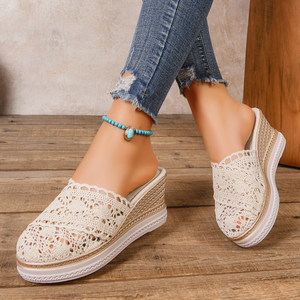 Mules compensées en crochet et dentelle pour femmes, sandales à plateforme ouvertes à enfiler, chaussures décontractées respirantes pour l'été - Product Image 3