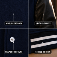 Veste de baseball classique pour homme en laine mélangée marine personnalisée avec manches en cuir, boutons-pression et rayures côtelées 420GSM, style streetwear