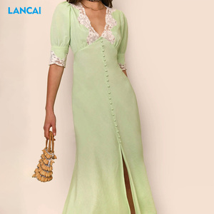 Women V-neck Vacation Midi Dress Linen Mix Short Sleeves Bias-Cut Antique-Look Lace Nonfunctional Button Front Slit Dress - Product Image 3