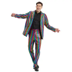Мужской лазерный блестящий костюм, разноцветный жакет и брюки для взрослых, нарядный костюм на Хэллоуин, день рождения, выпускной костюм