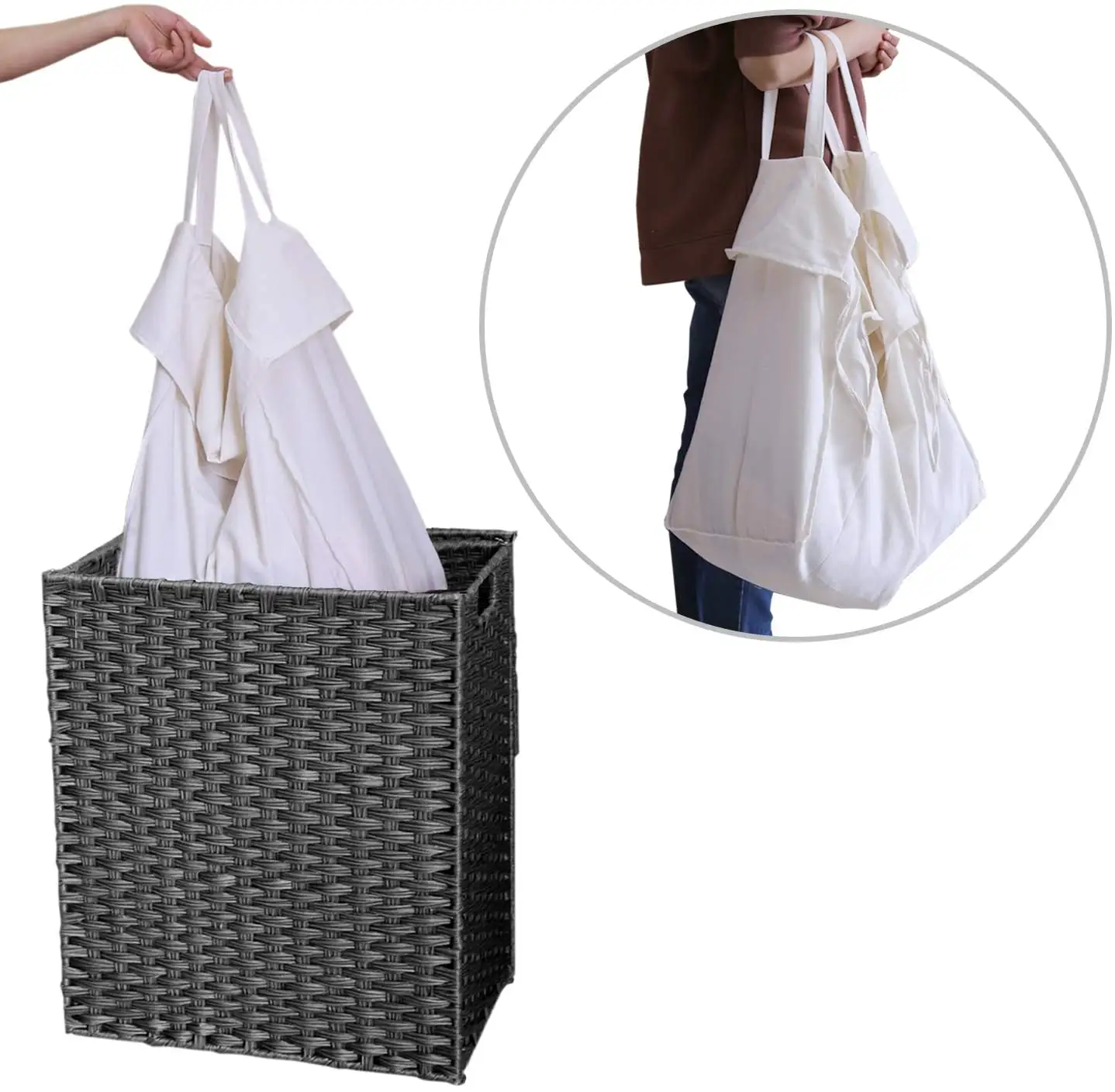 Cesto de plástico dobrável para lavanderia, sacola de rattan sintética com manga para laptop, 10 compras