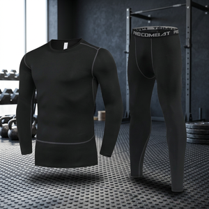 Men's Customized Track Suit 2pcs-Black Long Sleeve Base Layer Shirt & <b>Leggings</b> Sporty Summer Skinny Fit - Product Image 3