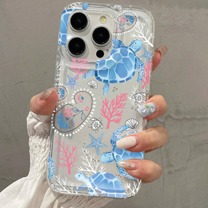 Nuova <span class=keywords><strong>Cover</strong></span> <span class=keywords><strong>Trasparente</strong></span> per <span class=keywords><strong>iPhone</strong></span> 17 16 15 14 Pro Max con Stampa Grande di Tartaruga Marina Blu, Stella Marina e Corallo Rosa - Tema SeaWorld - Product Image 1