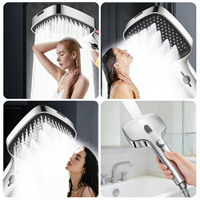 Robinet de salle de bain mural hybride de luxe carré avec pommeau de douche pressurisé à contrôle de température et sortie d'eau effet pluie