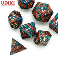 Pour Udixi Logo personnalisé donjons et Dragons RPG jeu de dés en métal échelle de Dragon polyédrique Orange et bleu emballé dans une boîte en métal