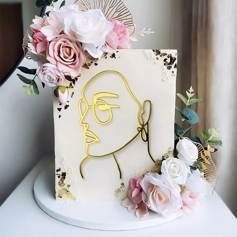 Nicro Woman Face Acrylic Line Glitter Happy Birthday Abstract Portrait 3Dシルエットイラストプラスチックケーキトッパーデコレーション
