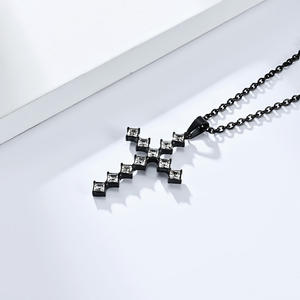 Diamond-<b>Studded</b> <b>Titanium</b> Steel Cross Necklace Princess Cut Unisex Religious Pendant - Product Image 3