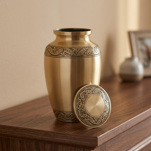 Gold Metal Cremation Urn Handcrafted Adult <b>Ashes</b> <b>Keepsake</b> Urn with Engraved Floral Pattern Memorial Decor - Indian Home Crafts - Product Image 1