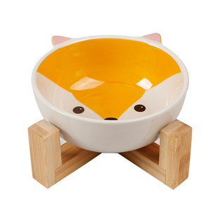 Wholesale Custom Japan Style Matted Elevated <b>Dog</b> Bowl Non slip <b>Ceramic</b> Pet Bowl with Wooden Stand - Product Image 1