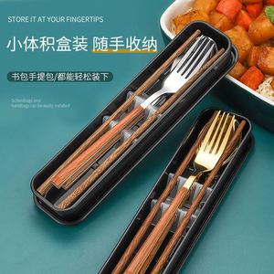 Juego de cubiertos de viaje con caja de almacenamiento, mango con textura de madera, tenedor, cuchara y palillos de acero inoxidable para exteriores - Product Image 4