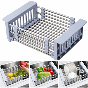 Escurridor de Platos Extensible de Acero Inoxidable para Fregadero con Cesta para Cubiertos y Brazos Ajustables, Organizador de Fregadero de Cocina - Product Image 1