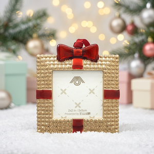Square Metal <b>Christmas</b> Ornament 2x2 in Red and Gold Glossy Finish Handcrafted Decor Indoor Use - Product Image 2