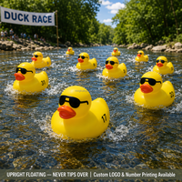 Canards en caoutchouc numérotés avec logo personnalisé, lestés au bas, auto-redressants, jaunes, pour événements de course, vente en gros