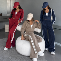 Ensemble de survêtement décontracté deux pièces pour femme en velours doux, veste courte zippée à col montant et pantalon large rayé, OEM ODM