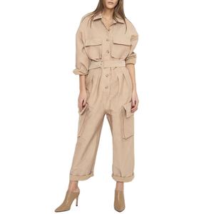 ชุดสูทลำลองผู้หญิงแบบสองชิ้นสั่งทำจากโรงงาน เสื้อเชิ้ตติดกระดุมสองกระเป๋า กางเกงคาร์โก้ขายาวทรงกว้าง ชุดผ้าลินินสำหรับผู้หญิง - Product Image 1