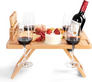Table à pique-nique pliable en bambou pour charcuterie et vin avec 4 couteaux à fromage et porte-vin intégré, pratique pour servir à la maison ou en extérieur - Product Image 1