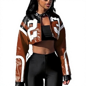 Best Quality <b>Women</b> Cropped Faux Leather Jacket Color Block Long Sleeve Zip Up Motorcycle Style <b>Coat</b> for Streetwear OEM Supported - Product Image 1