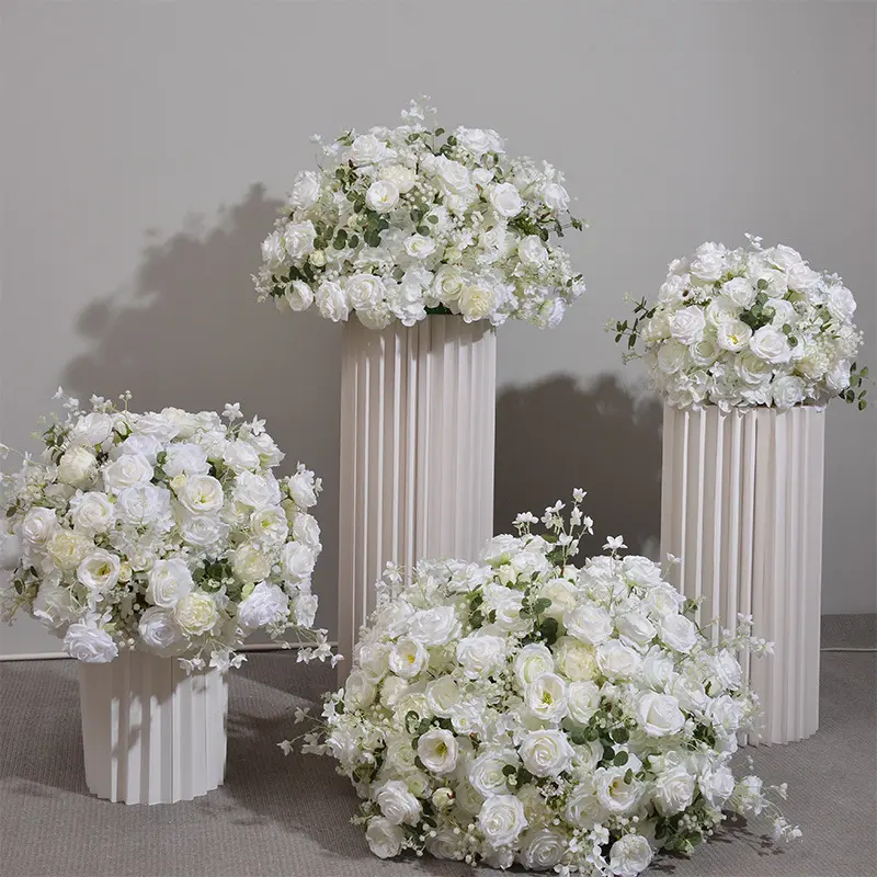 Bola de flores de mesa de rosa branca artificial para decoração de casamento, bola de flores de vegetação branca personalizada