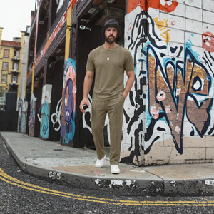 Ensemble de survêtement respirant en tricot gaufré 2 pièces pour homme avec t-shirt et short ES - Product Image 3
